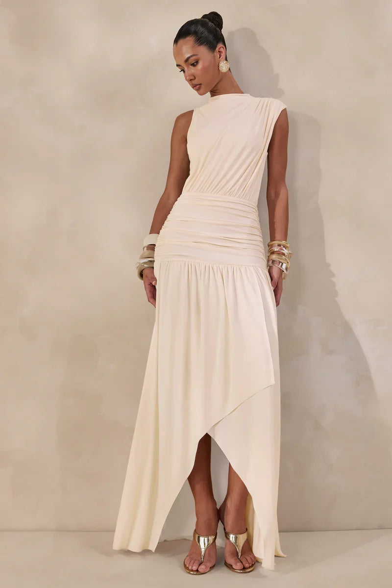 Cream High-Neck Maxi Dress Gathered-Detailing